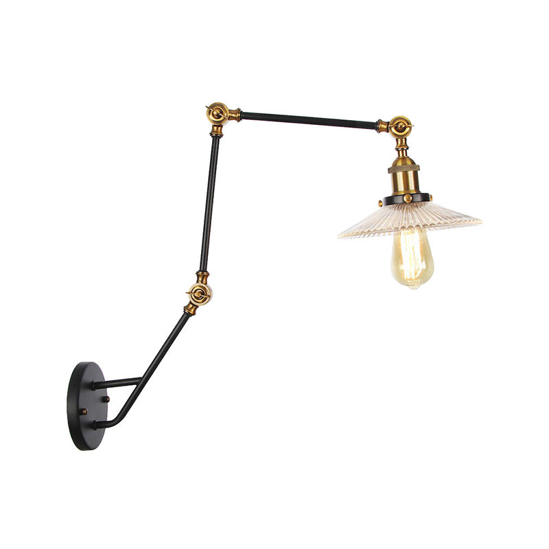 Avtoit | Adjustable 3-Joint Arm Iron Wall Lamp Industry 1 Head Bedroom Wall Reading Light with Globe/Saucer Clear Glass Shade