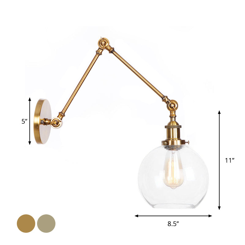 Avtoit | 1-Light Clear Glass Wall Light Fixture Aged Brass/Bronze Swing Arm Wall Lamp with Bell/Ball Clear Glass Shade