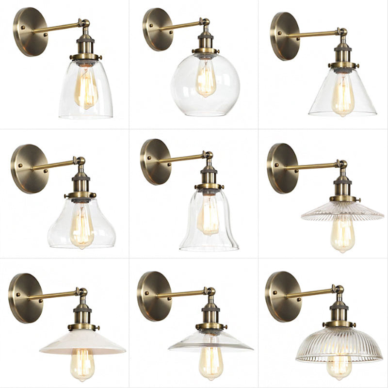 Avtoit | Brass Cone/Bell Swing Shade Wall Lamp Industrial Clear Glass Single Dining Room Wall Mount Light