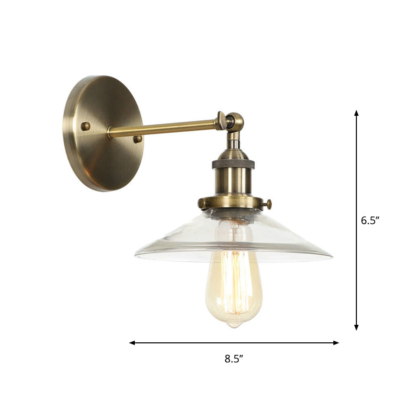Avtoit | Brass Cone/Bell Swing Shade Wall Lamp Industrial Clear Glass Single Dining Room Wall Mount Light