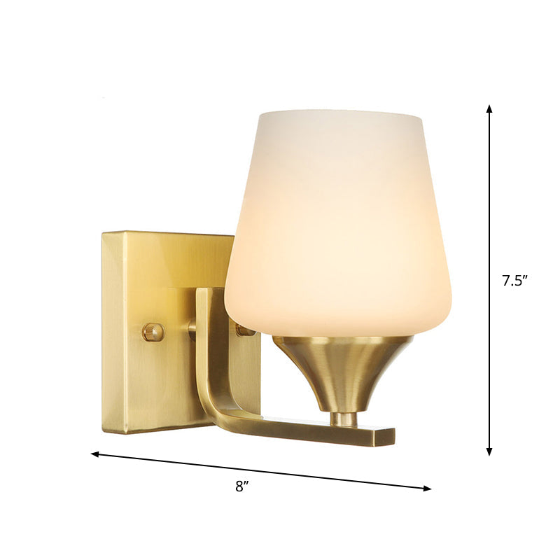 Avtoit | Brass 1-Light Wall Lamp Fixture Antique Frosted White Glass Tulip Shade/Cylinder Wall Mount Light with Arm