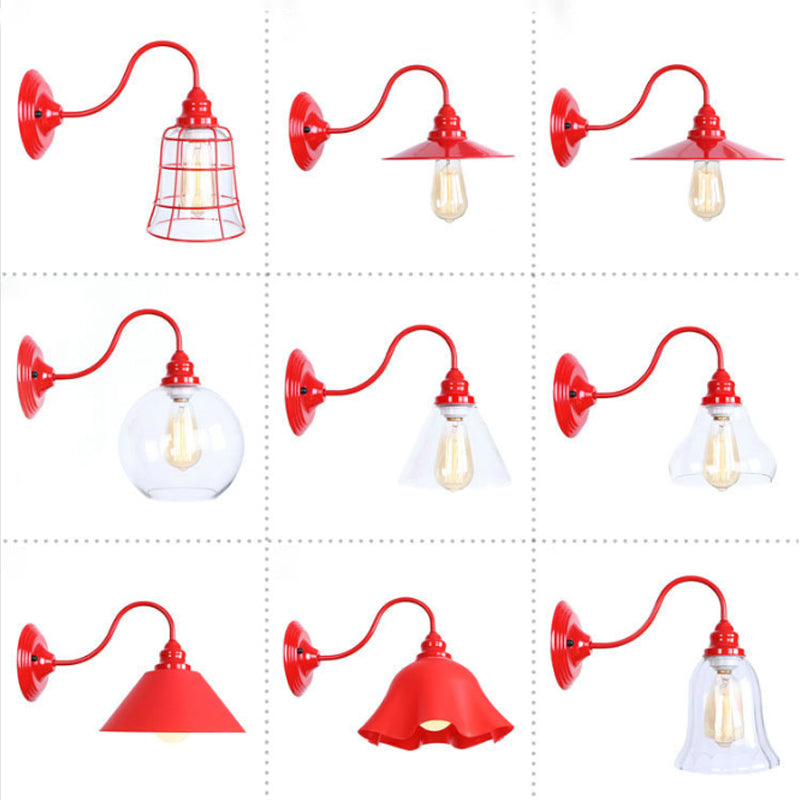 Avtoit | Iron Red Wall Lighting Kit Gooseneck 1 Bulb Loft Style Wall Lighting with Cone/Sphere/Bell Clear Glass Shade