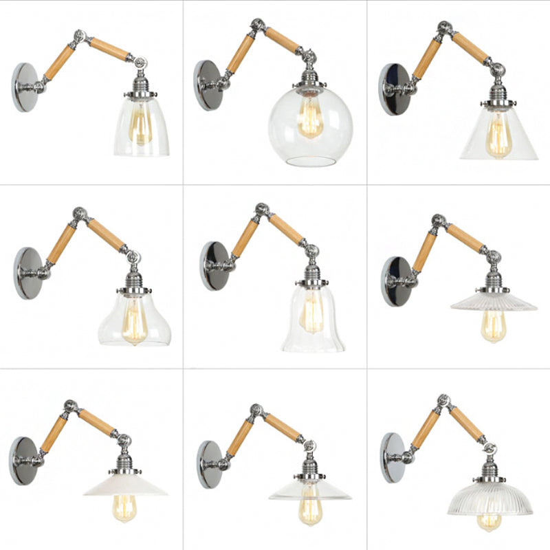Avtoit | Brown-Silver 1-Bulb Reading Wall Light Loft Clear Glass Bulb/Plate/Bell Shade Wall Lighting with Wood 2-Joint Adjustable Arm
