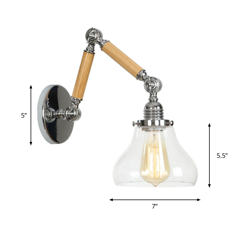 Avtoit | Brown-Silver 1-Bulb Reading Wall Light Loft Clear Glass Bulb/Plate/Bell Shade Wall Lighting with Wood 2-Joint Adjustable Arm