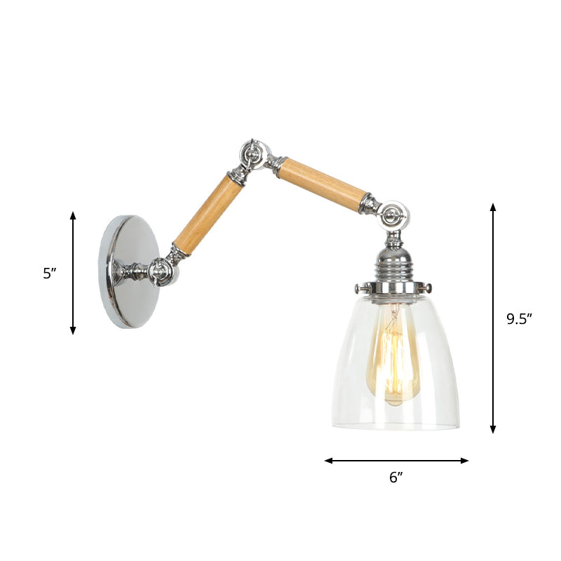 Avtoit | Brown-Silver 1-Bulb Reading Wall Light Loft Clear Glass Bulb/Plate/Bell Shade Wall Lighting with Wood 2-Joint Adjustable Arm