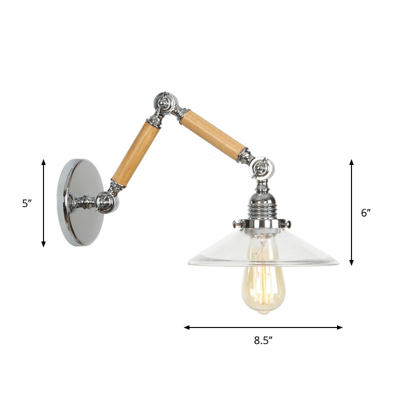 Avtoit | Brown-Silver 1-Bulb Reading Wall Light Loft Clear Glass Bulb/Plate/Bell Shade Wall Lighting with Wood 2-Joint Adjustable Arm