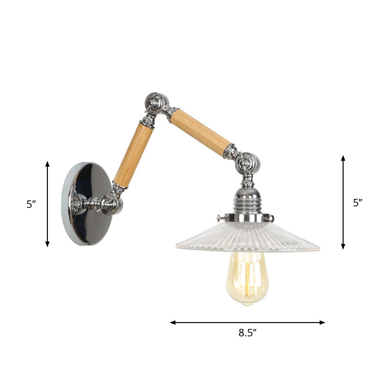 Avtoit | Brown-Silver 1-Bulb Reading Wall Light Loft Clear Glass Bulb/Plate/Bell Shade Wall Lighting with Wood 2-Joint Adjustable Arm