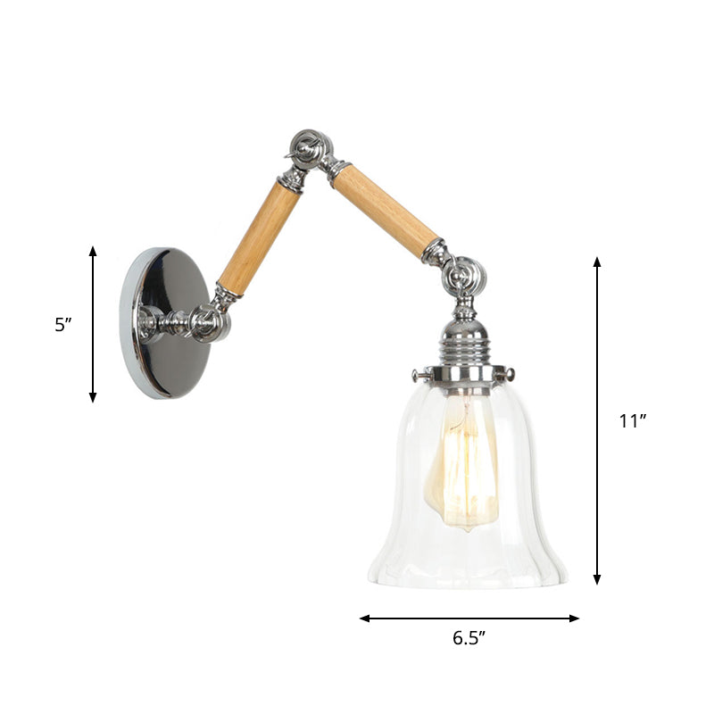 Avtoit | Brown-Silver 1-Bulb Reading Wall Light Loft Clear Glass Bulb/Plate/Bell Shade Wall Lighting with Wood 2-Joint Adjustable Arm