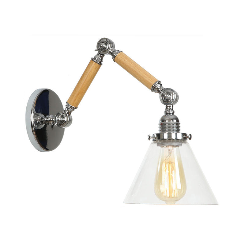 Avtoit | Brown-Silver 1-Bulb Reading Wall Light Loft Clear Glass Bulb/Plate/Bell Shade Wall Lighting with Wood 2-Joint Adjustable Arm