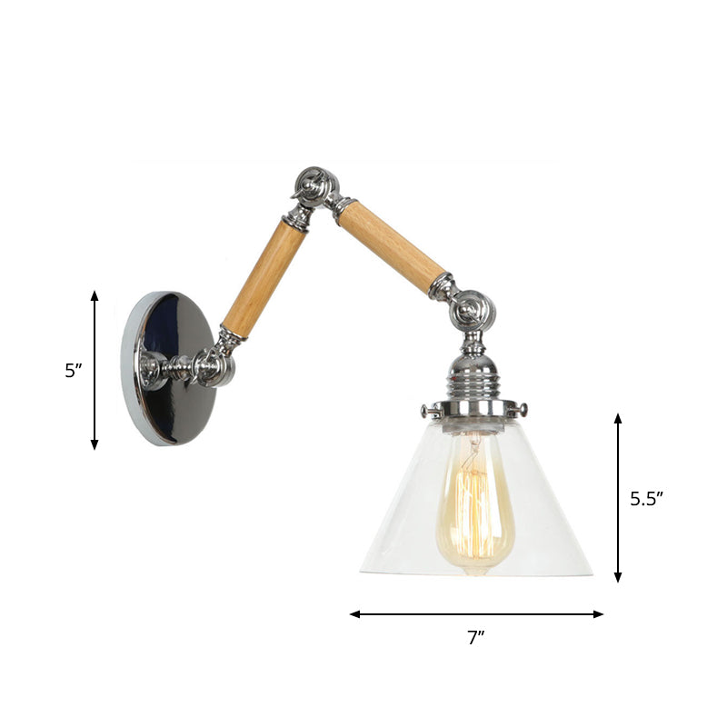 Avtoit | Brown-Silver 1-Bulb Reading Wall Light Loft Clear Glass Bulb/Plate/Bell Shade Wall Lighting with Wood 2-Joint Adjustable Arm