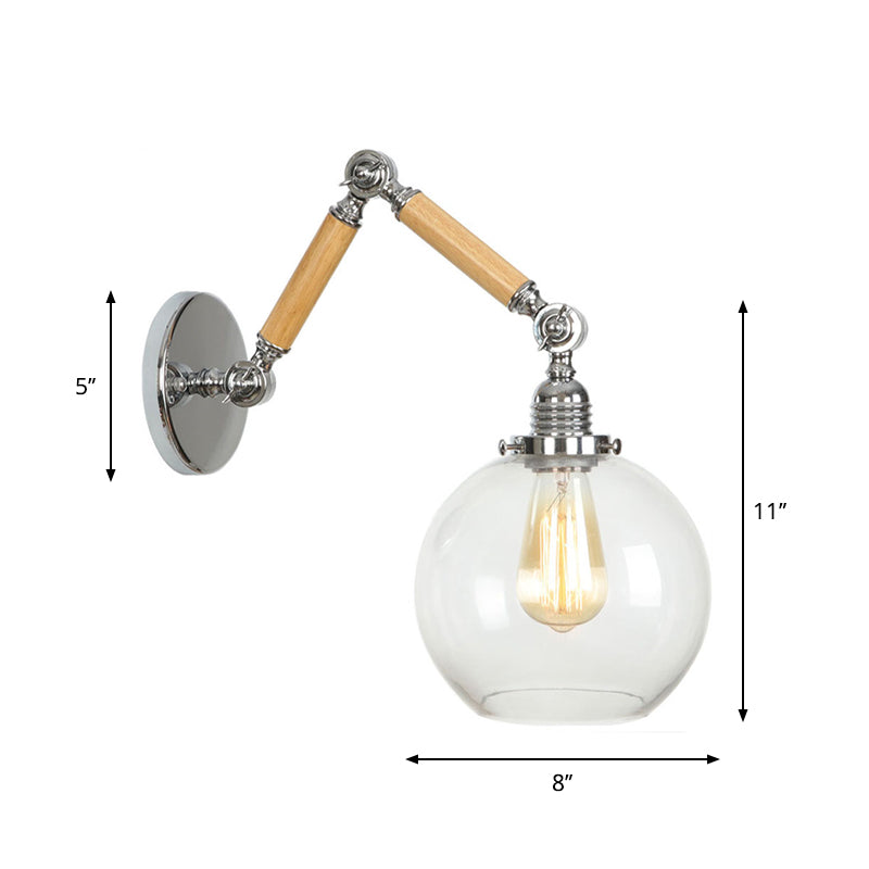 Avtoit | Brown-Silver 1-Bulb Reading Wall Light Loft Clear Glass Bulb/Plate/Bell Shade Wall Lighting with Wood 2-Joint Adjustable Arm