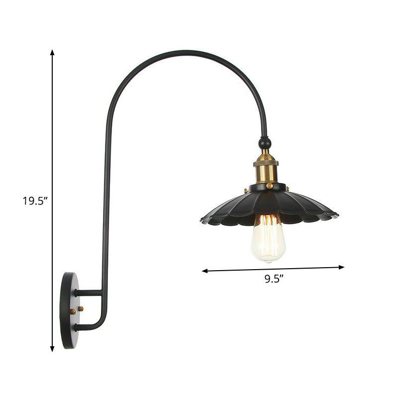 Avtoit | Iron Barn/Bowl/Wave Cut Wall Light Kit Vintage 1 Bulb Nightstand Reading Wall Lamp with Curved Arm in Black