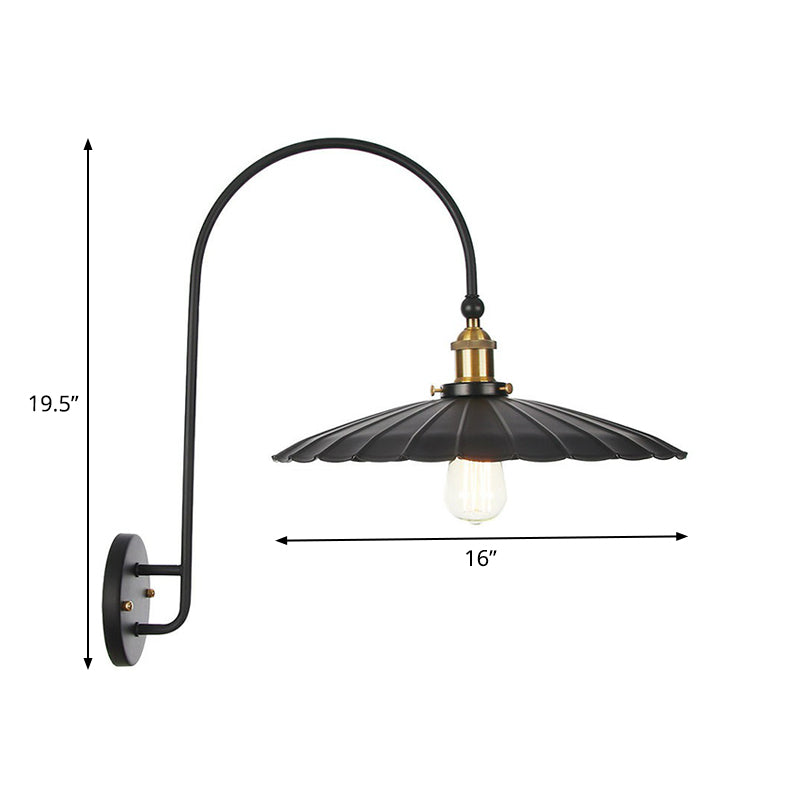 Avtoit | Iron Barn/Bowl/Wave Cut Wall Light Kit Vintage 1 Bulb Nightstand Reading Wall Lamp with Curved Arm in Black