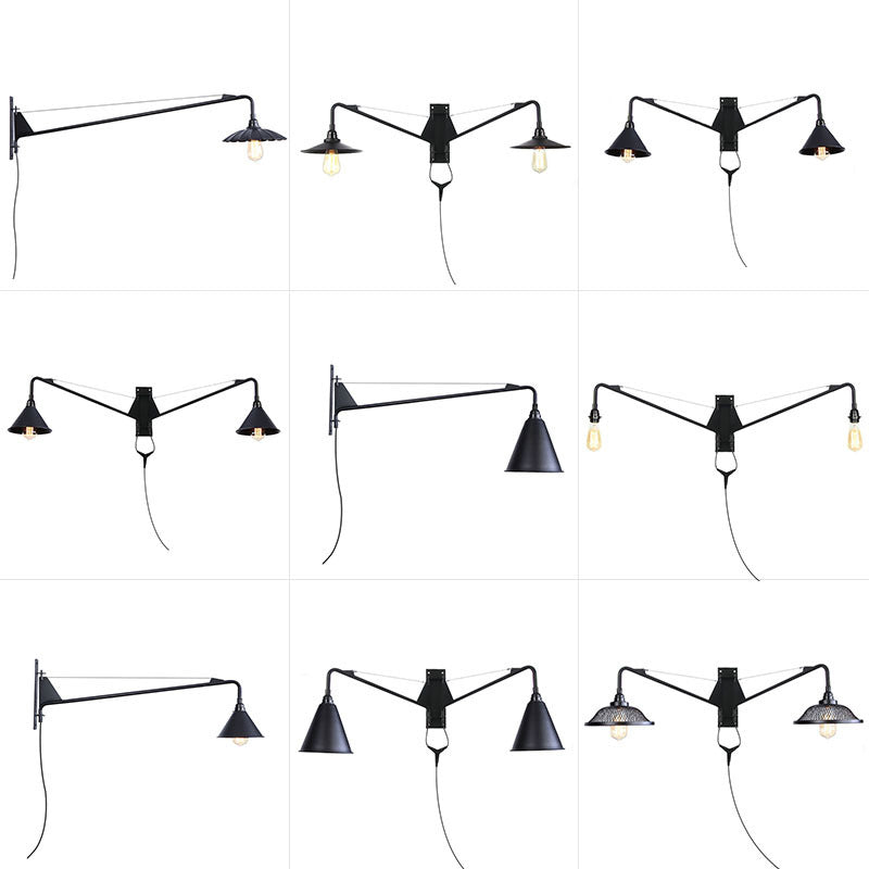 Avtoit | Industrial Scalloped/Exposed Wall Lamp 1/2-Light Iron Plug-in Wall Mounted Lighting with Long Swing Arm in Black