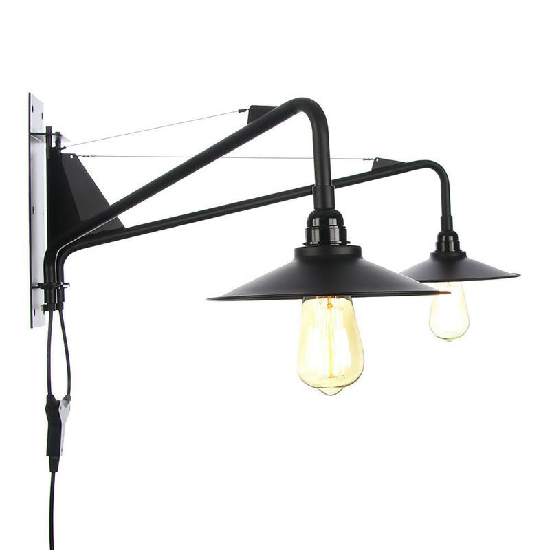 Avtoit | Industrial Scalloped/Exposed Wall Lamp 1/2-Light Iron Plug-in Wall Mounted Lighting with Long Swing Arm in Black
