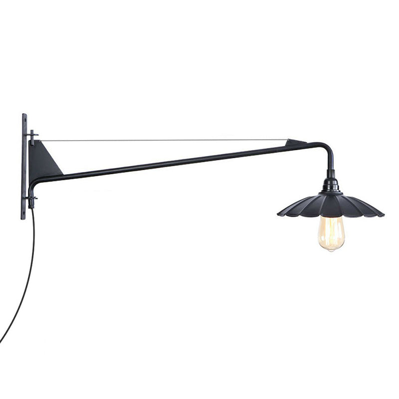Avtoit | Industrial Scalloped/Exposed Wall Lamp 1/2-Light Iron Plug-in Wall Mounted Lighting with Long Swing Arm in Black