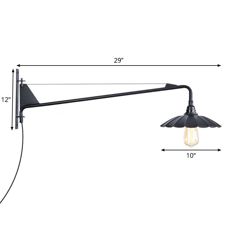 Avtoit | Industrial Scalloped/Exposed Wall Lamp 1/2-Light Iron Plug-in Wall Mounted Lighting with Long Swing Arm in Black