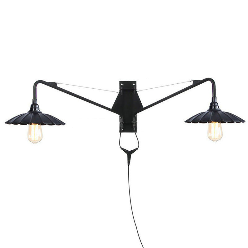 Avtoit | Industrial Scalloped/Exposed Wall Lamp 1/2-Light Iron Plug-in Wall Mounted Lighting with Long Swing Arm in Black