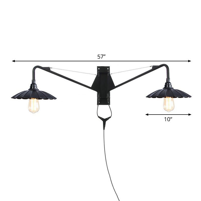Avtoit | Industrial Scalloped/Exposed Wall Lamp 1/2-Light Iron Plug-in Wall Mounted Lighting with Long Swing Arm in Black