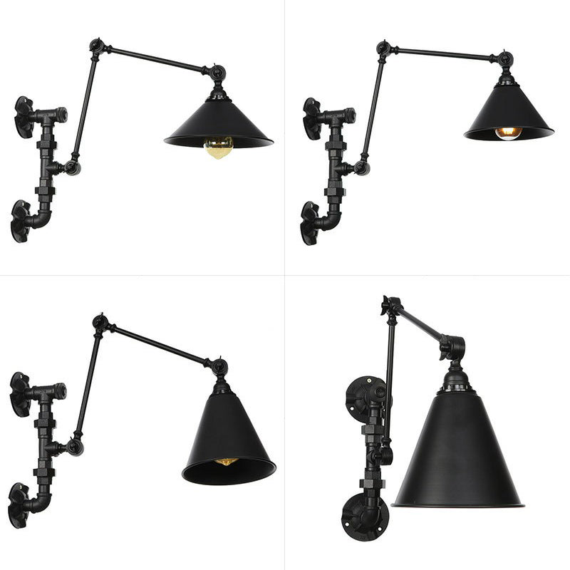 Avtoit | Cone/Flared Living Room Wall Lamp Industrial Iron 1-Light Black Rotatable Wall Lighting with Water Pipe Mount