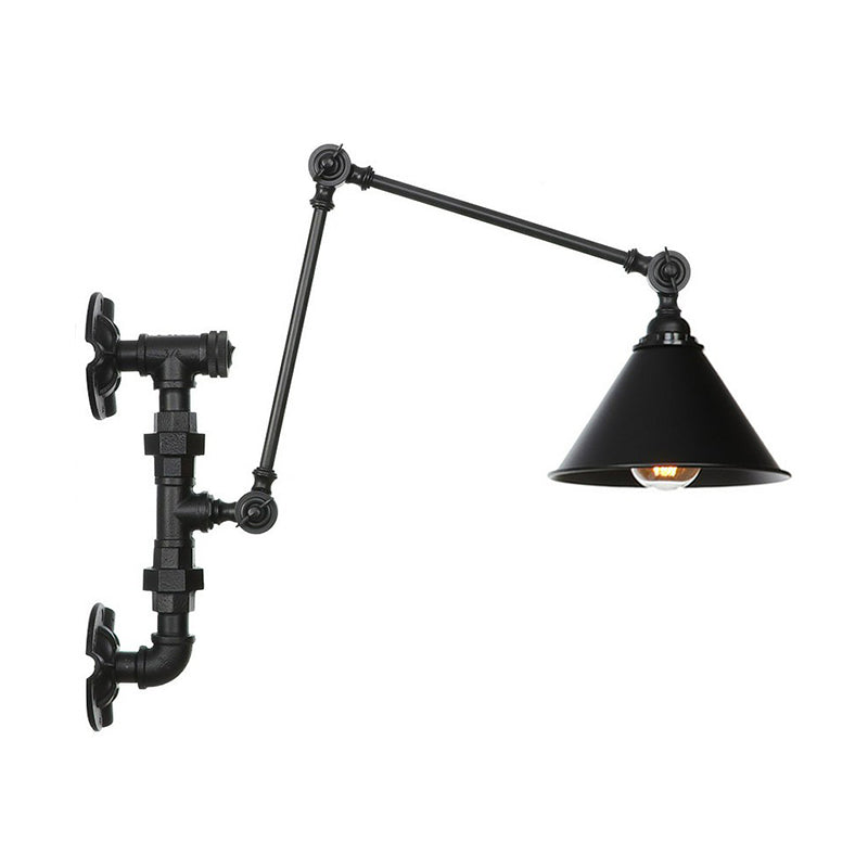 Avtoit | Cone/Flared Living Room Wall Lamp Industrial Iron 1-Light Black Rotatable Wall Lighting with Water Pipe Mount