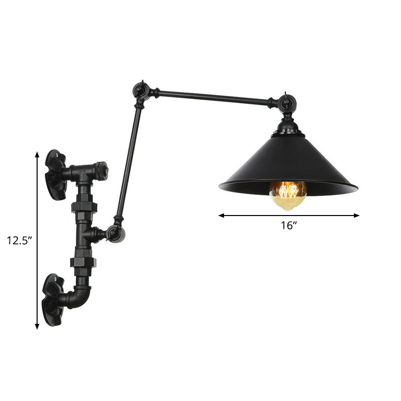 Avtoit | Cone/Flared Living Room Wall Lamp Industrial Iron 1-Light Black Rotatable Wall Lighting with Water Pipe Mount