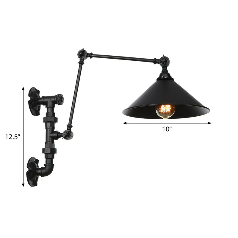 Avtoit | Cone/Flared Living Room Wall Lamp Industrial Iron 1-Light Black Rotatable Wall Lighting with Water Pipe Mount
