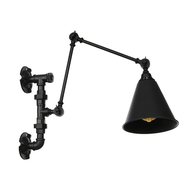 Avtoit | Cone/Flared Living Room Wall Lamp Industrial Iron 1-Light Black Rotatable Wall Lighting with Water Pipe Mount