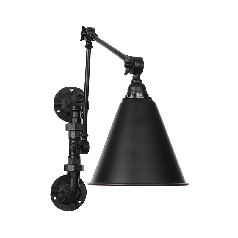 Avtoit | Cone/Flared Living Room Wall Lamp Industrial Iron 1-Light Black Rotatable Wall Lighting with Water Pipe Mount