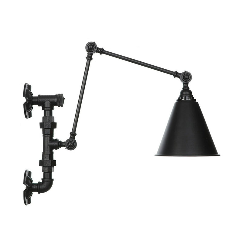 Avtoit | Cone/Flared Living Room Wall Lamp Industrial Iron 1-Light Black Rotatable Wall Lighting with Water Pipe Mount