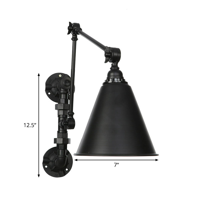 Avtoit | Cone/Flared Living Room Wall Lamp Industrial Iron 1-Light Black Rotatable Wall Lighting with Water Pipe Mount