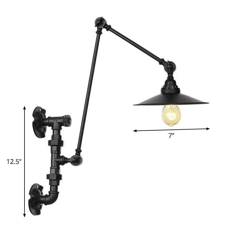 Avtoit | Cone/Flared Living Room Wall Lamp Industrial Iron 1-Light Black Rotatable Wall Lighting with Water Pipe Mount