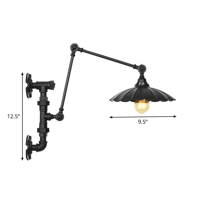 Avtoit | Cone/Flared Living Room Wall Lamp Industrial Iron 1-Light Black Rotatable Wall Lighting with Water Pipe Mount