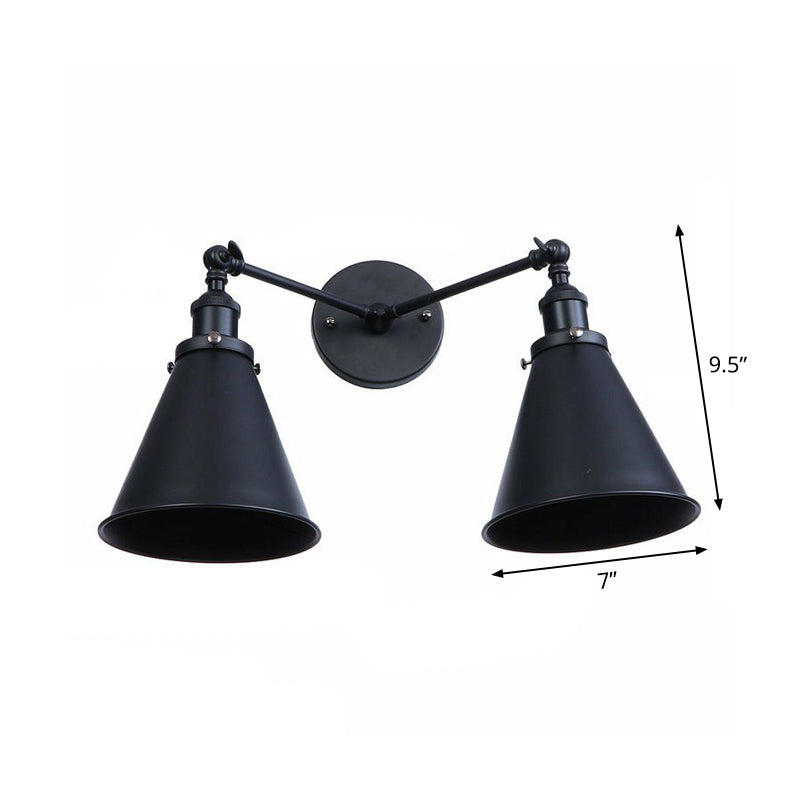 Avtoit | 2 Lights Wall Mounted Lamp Retro Cone/Shell Pivot Shade Metal Wall Light in Black for Bathroom