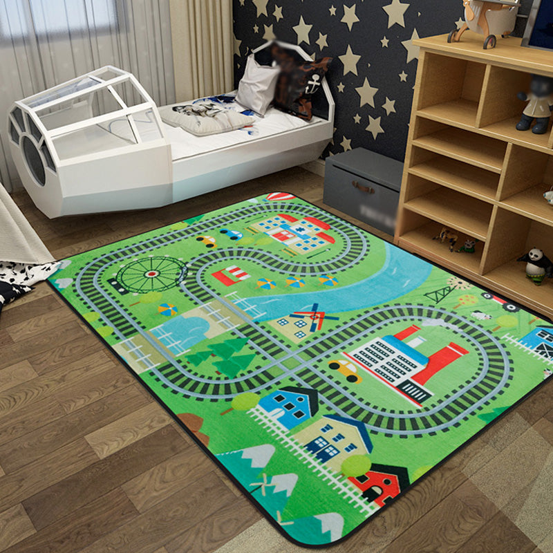 Avtoit | Cartoon Railway Area Rug Multicolored polypropylene rug pet-friendly non-slip rug for children