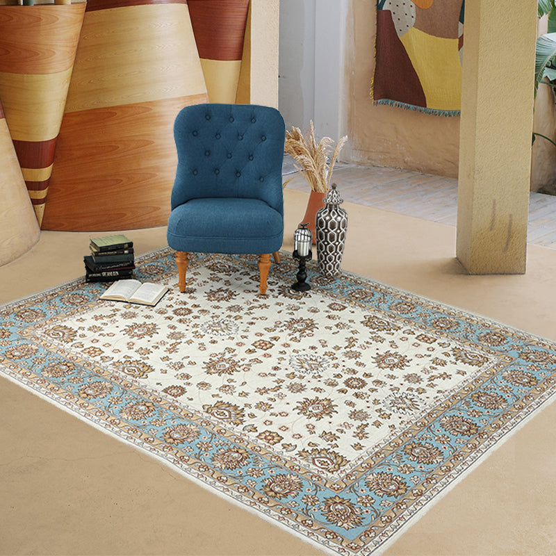 Avtoit | Beige Vintage Carpet Polyester Flower Pattern Carpet Washable Pet-Friendly Non-Slip Back Carpet for Living Room