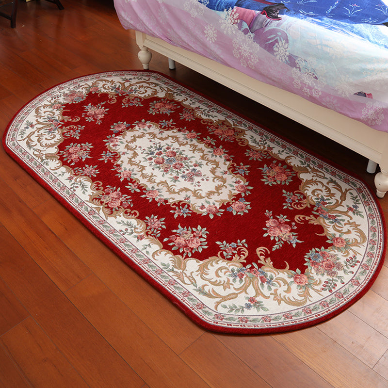 Avtoit | Retro Flower Pattern Carpet Red and Black Polyester Indoor Carpet Washable Non-slip Back Indoor Carpet for Bedroom