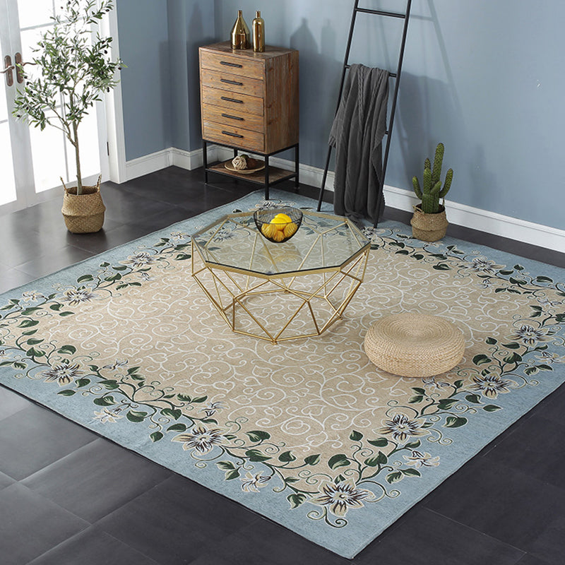 Avtoit | Blue Living Room Carpet Vintage Leaf Pattern Indoor Carpet Polyester Pet Friendly Washable Non-Slip Back Carpet