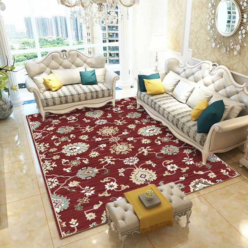 Avtoit | Multicolored living room rug retro floral pattern rug polyester pet-friendly washable non-slip backing rug