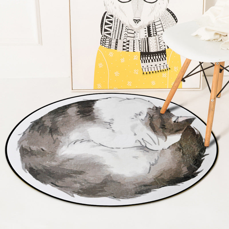Avtoit | Kids Bedroom Carpet in Yellow and Gray Animal Sleeping Cat Print Carpet Polyester Non-Slip Area Rug