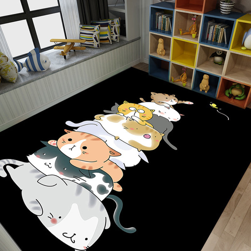 Avtoit | Beautiful children's rug in black and pink animal cat dog pattern rug polyester machine washable rug for the children's room