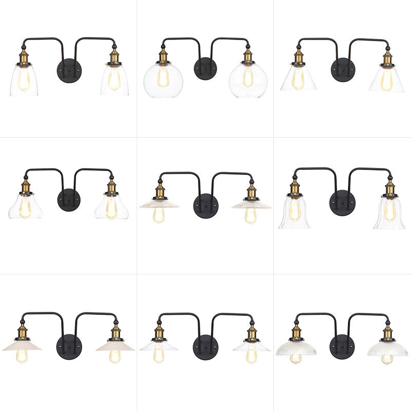 Avtoit | Industrial conical/wavy/fanned wall lamp glass and metal black 2-bulb wall mounted lamp for indoor use