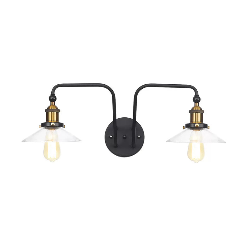 Avtoit | Industrial conical/wavy/fanned wall lamp glass and metal black 2-bulb wall mounted lamp for indoor use
