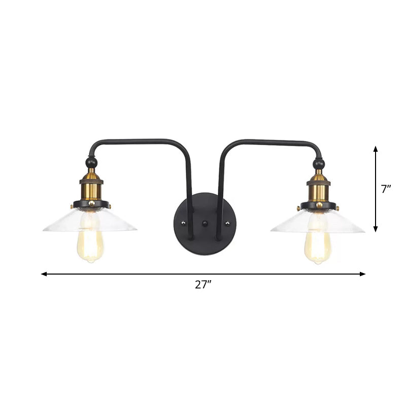 Avtoit | Industrial conical/wavy/fanned wall lamp glass and metal black 2-bulb wall mounted lamp for indoor use