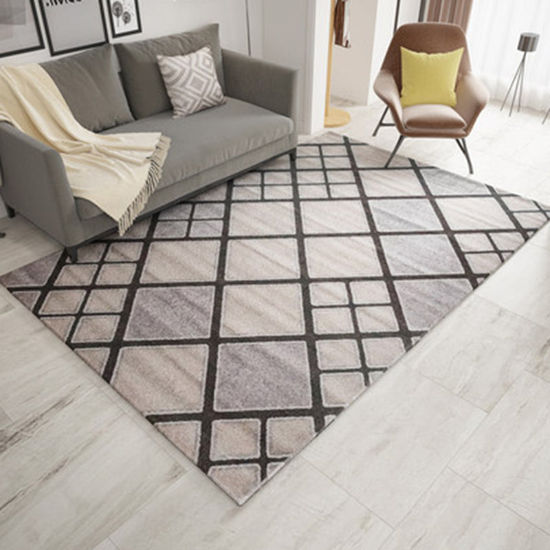 Avtoit | Ivory Bedroom Rug New Geometric Checkered Stripe Pattern Rug Polyester Washable Rug