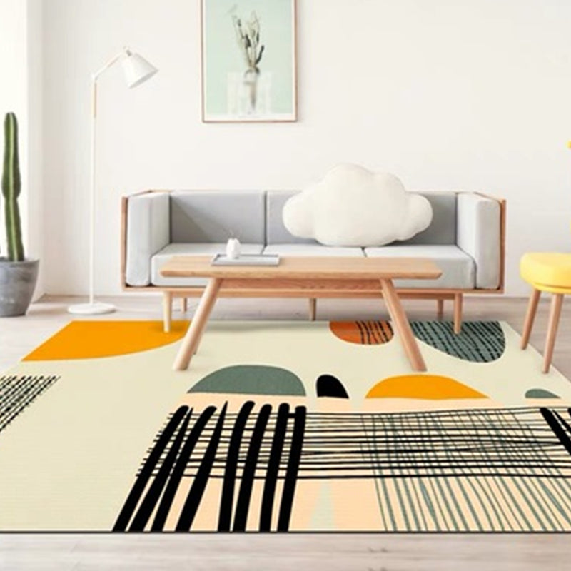 Avtoit | Ivory Bedroom Rug New Color Block Striped Pattern Rug Polyester Washable Area Rug