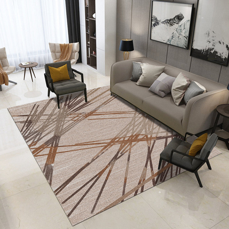 Avtoit | Contemporary Novelty Carpet in Brown Geometric Lines Print Area Rug Polyester Washable Rug for Bedroom