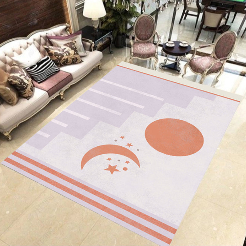 Avtoit | Modern Novelty Rug in Orange and Ivory Moon Sun Stripes Print Rug Polyester Washable Rug for Bedroom