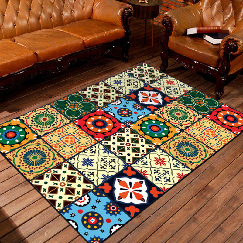 Avtoit | Moroccan square flower pattern rug colorful polyester rug non-slip backing rug for living room