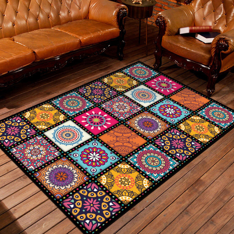 Avtoit | Moroccan square floral pattern rug multicolored polyester rug non-slip backing area rug for living room